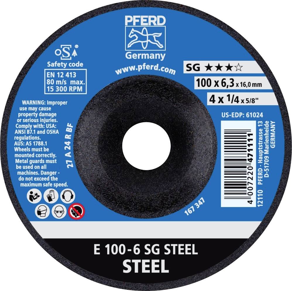Schleifscheibe mit Text: 'E 100-6 SG Steel', Größe 100 x 6,3 mm. Sicherheitscode, Warnhinweise und Herstellerinformationen enthalten.