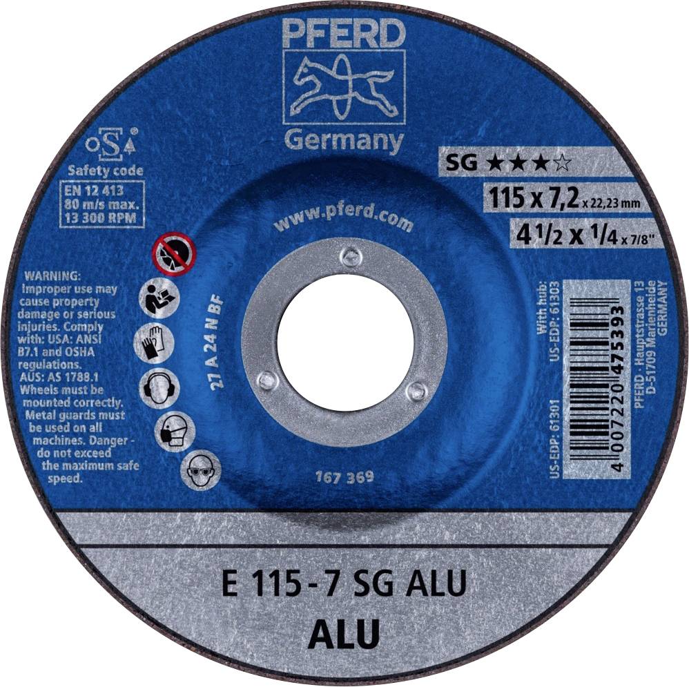 Blaues Schleifscheibenetikett mit weißer Schrift. Markenname 'Pferd', Sicherheits- und Produktinformationen, Größenangaben: 115x7,2x22,23 mm.