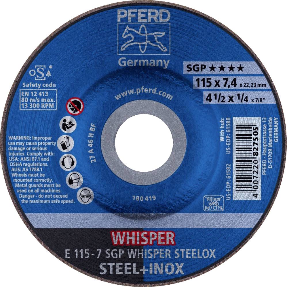 Schleifscheibe von PFERD, Modell 'WHISPER', 115 x 7,4 mm, für Stahl und Edelstahl, mit Sicherheits- und Produktinformationen.