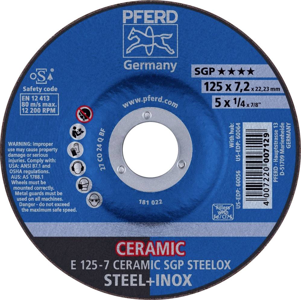 Blauer Schleifteller der Marke PFERD für Stahl und Edelstahl. Maße: 125x7,2x22,23 mm, Max 12.200 RPM. Geeignet für diverse Schleifarbeiten.