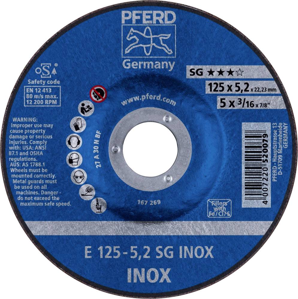 Schleifscheibe: SG 125 x 5,2 mm, INOX. Geschwindigkeit: 12.200 RPM. EN 12413 konform. Warnhinweise: Nur für Metall, Einhaltung von Sicherheitsstandards beachten.