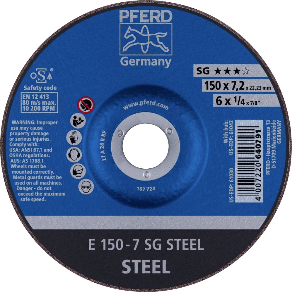 PFERD 62215726 E 150-7 SG STEEL Schruppscheibe gekröpft Durchmesser 150 mm Bohrungs-Ø 22.23 mm Stahl 10 St.