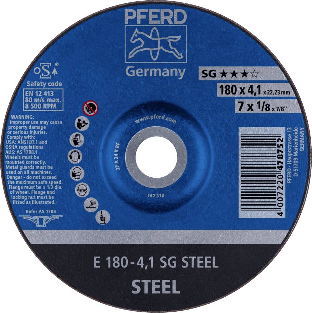 Schleifscheibe mit blauer Beschriftung, 'PFERD Germany SG', Größe 180 x 4,1 x 22,23 mm, max. 80 m/s und 8.500 U/min, Stahl geeignet.