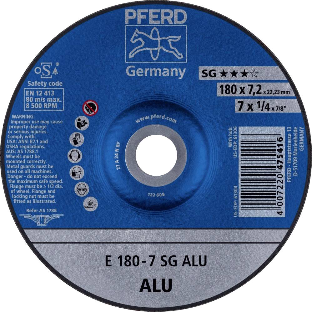 'Schleifscheibe von PFERD' mit Spezifikationen: 180 mm Durchmesser, 7,2 mm Dicke, maximal 80 m/s, 8.500 U/min. Geeignet für Aluminium.