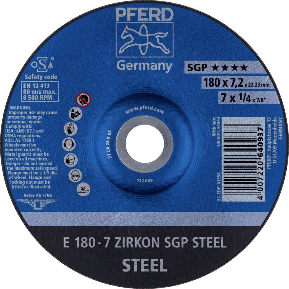 PFERD 62217737 E 180-7 ZIRKON SGP STEEL Schruppscheibe gekröpft Durchmesser 180mm Bohrungs-Ø 22.23mm Stahl 10St.
