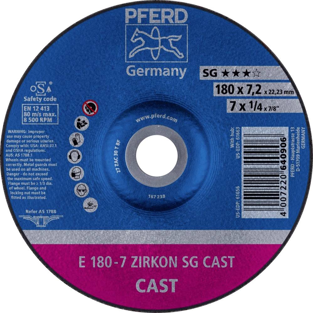 Schleifscheibe von 'PFERD', blau, für Metallbearbeitung. Typ: E 180-7 Zirkon SG Cast. Weitere Angaben: 180 x 7,2 x 22,23 mm.
