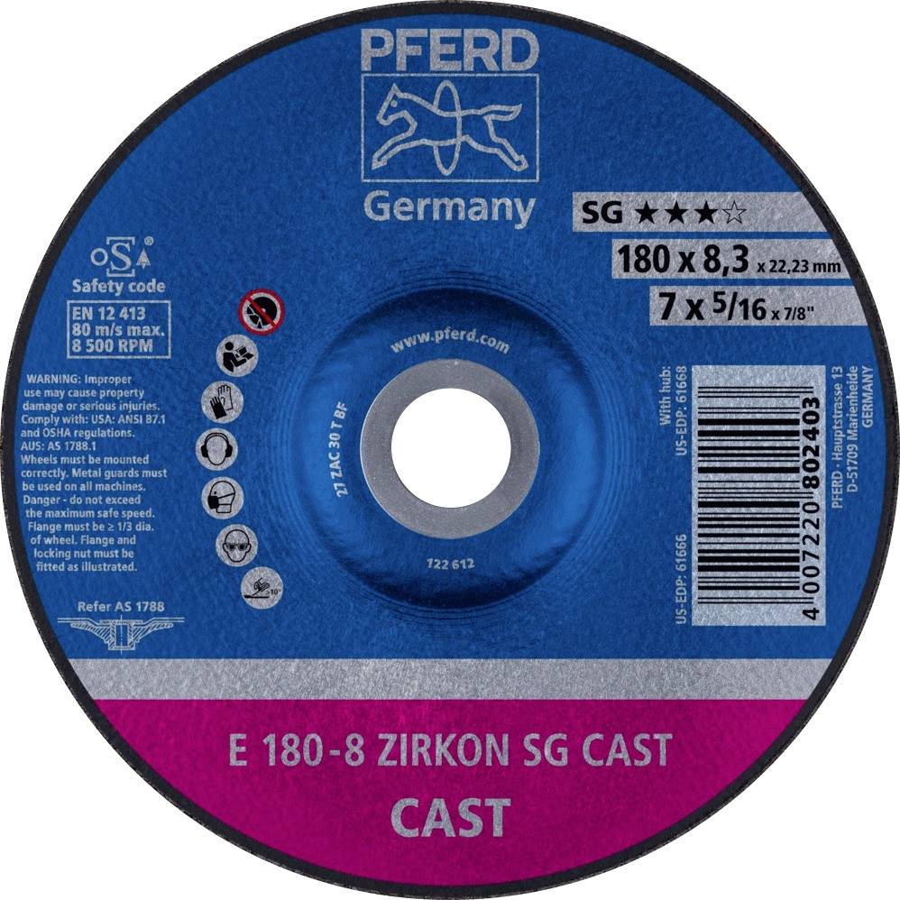 Trennscheibe PFERD Germany, Modell E 180-8 Zirkon SG CAST, 180x8,3 mm, maximal 80 m/s, 8.500 U/min. Warnhinweise auf Scheibe.