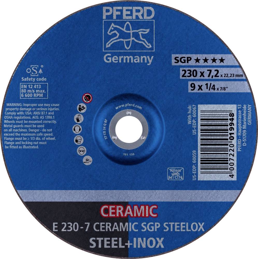 PFERD 62218300 E 230-7 CERAMIC SGP STEELOX Schruppscheibe gekröpft Durchmesser 230 mm Bohrungs-Ø 22