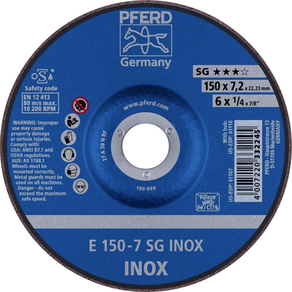 PFERD 62222730 E 150-7 SG INOX Schruppscheibe gekröpft Durchmesser 150 mm Bohrungs-Ø 22.23 mm Edels