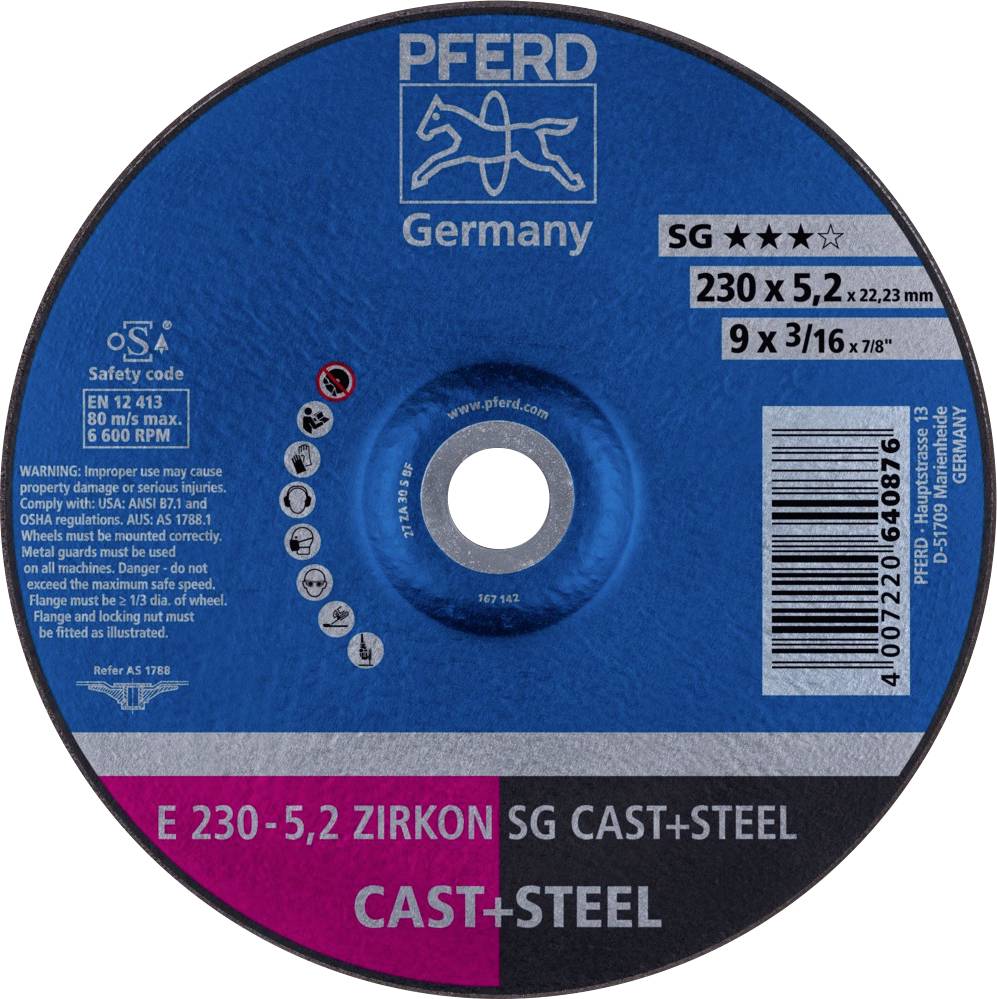 Schleifscheibe der Marke 'Pferd Germany' für 230x5,2 mm, geeignet für Stahl und Guss. Produktcode E 230-5,2 Zirkon SG.