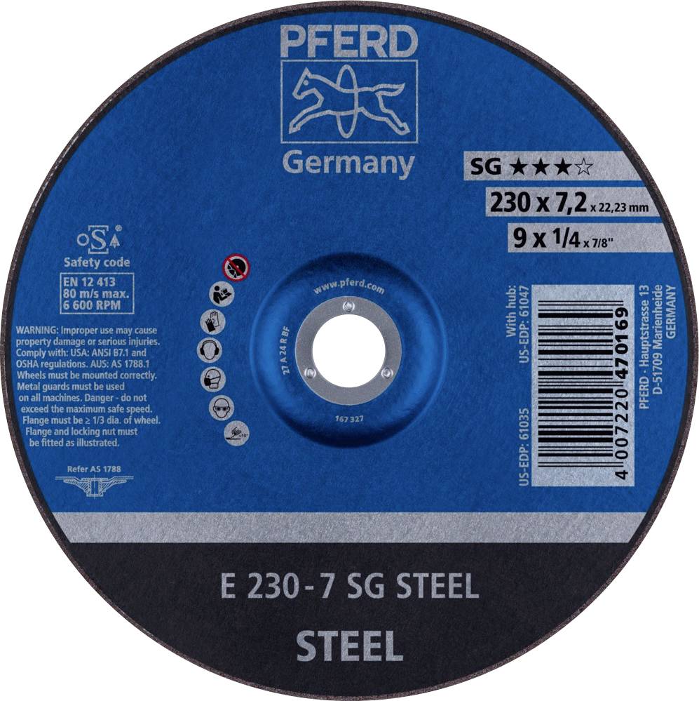 PFERD 62223626 E 230-7 SG STEEL Schruppscheibe gekröpft Durchmesser 230mm Bohrungs-Ø 22.23mm Stahl 10St.