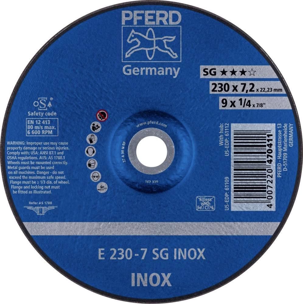 Schleifscheibe der Marke PFERD, Modell E 230-7 SG INOX, geeignet für Edelstahl. Durchmesser 230 mm, Dicke 7 mm, maximale Drehzahl 6.600 U/min.