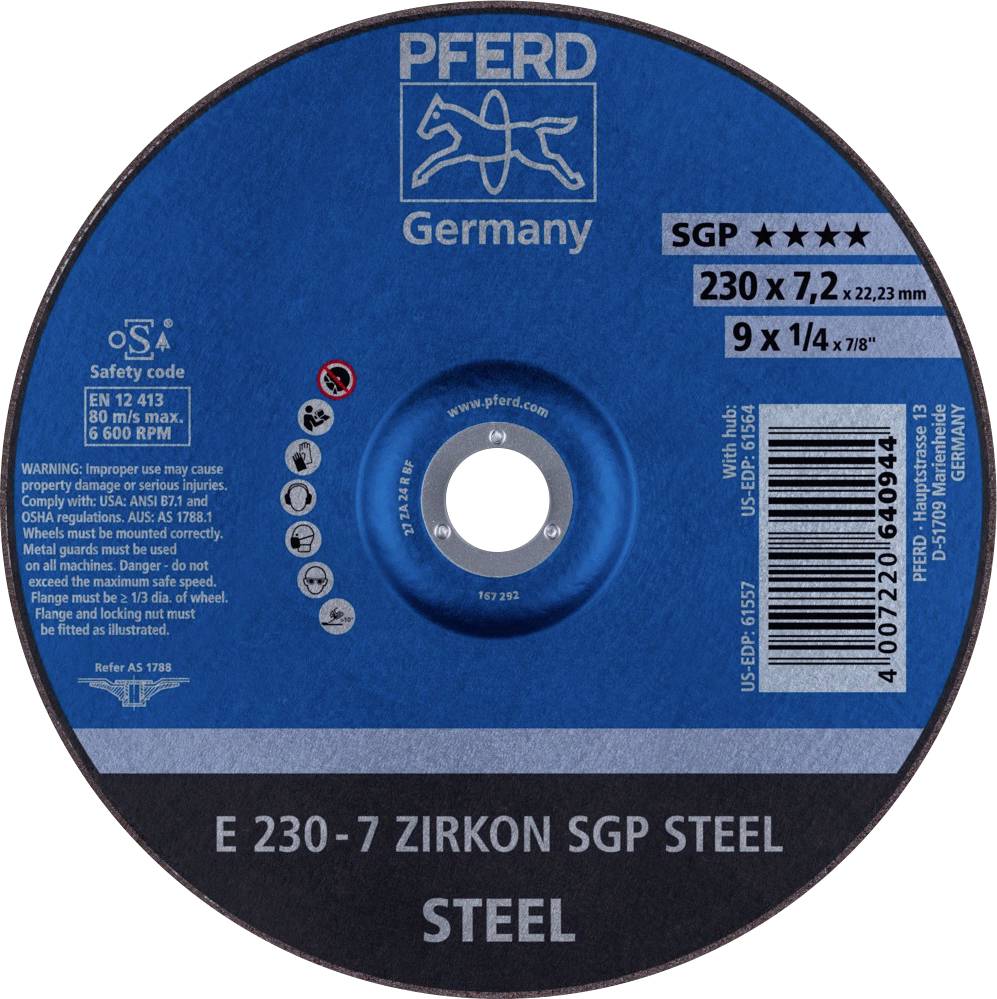 PFERD 62223737 E 230-7 ZIRKON SGP STEEL Schruppscheibe gekröpft Durchmesser 230mm Bohrungs-Ø 22.23mm Stahl 10St.