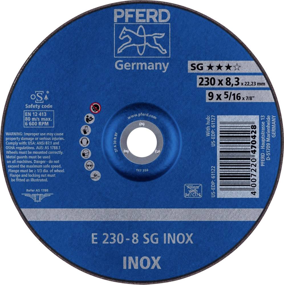 Schleifscheibe mit blauer Beschriftung für Edelstahl. Marke 'PFERD Germany'. Daten: 230x8,3 mm, 22,23 mm Bohrung.