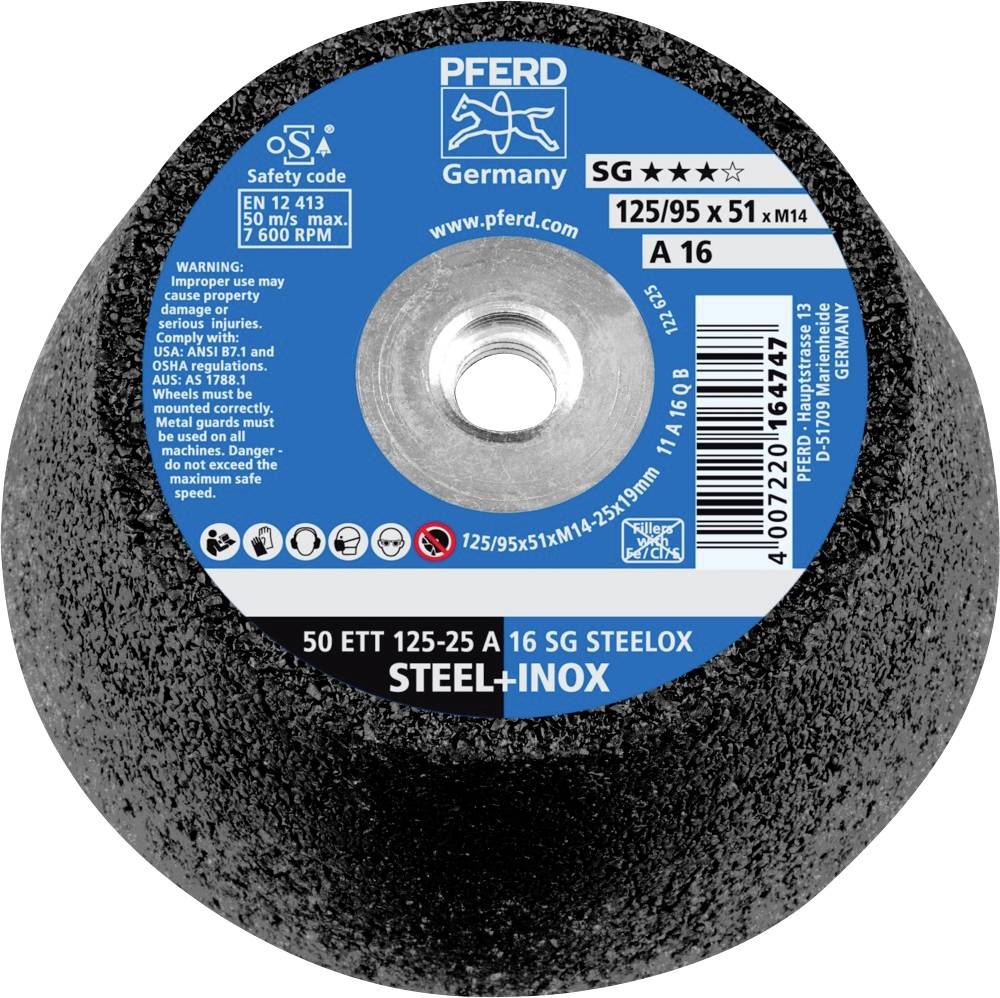 Schleifscheibe von PFERD, Modell SG A 16, geeignet für Stahl und Inox, maximale Drehzahl 6.600 U/min, Durchmesser 125/95 x 51 mm.