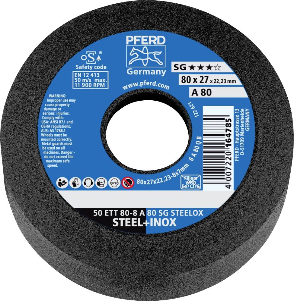 Schleifscheibe der Marke PFERD mit Spezifikationen: SG A 80, 80x27x22.23 mm, für Stahl und Inox, maximal 11.900 U/min.