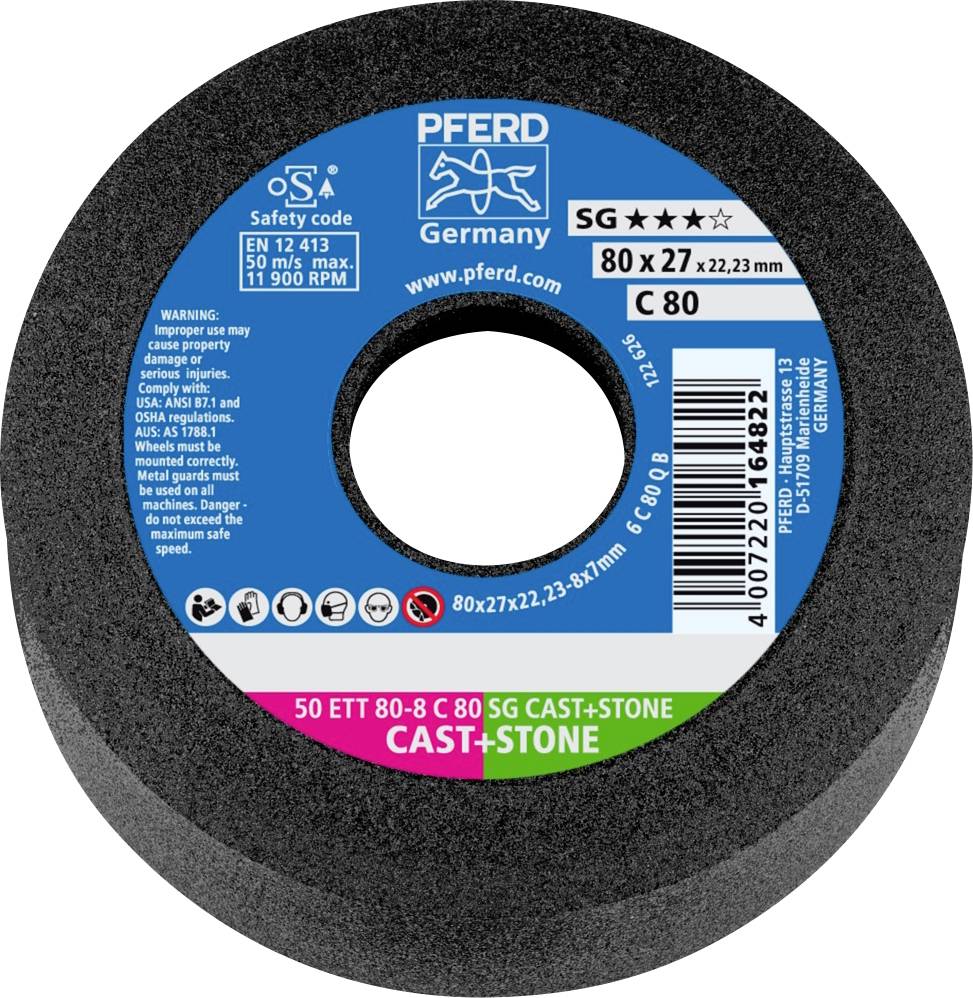 Schleifscheibe der Marke Pferd mit Produktinformationen: Maße 80x27x22,23mm, Typ C80 SG Cast+Stone, Sicherheits- und Herstellerhinweise.