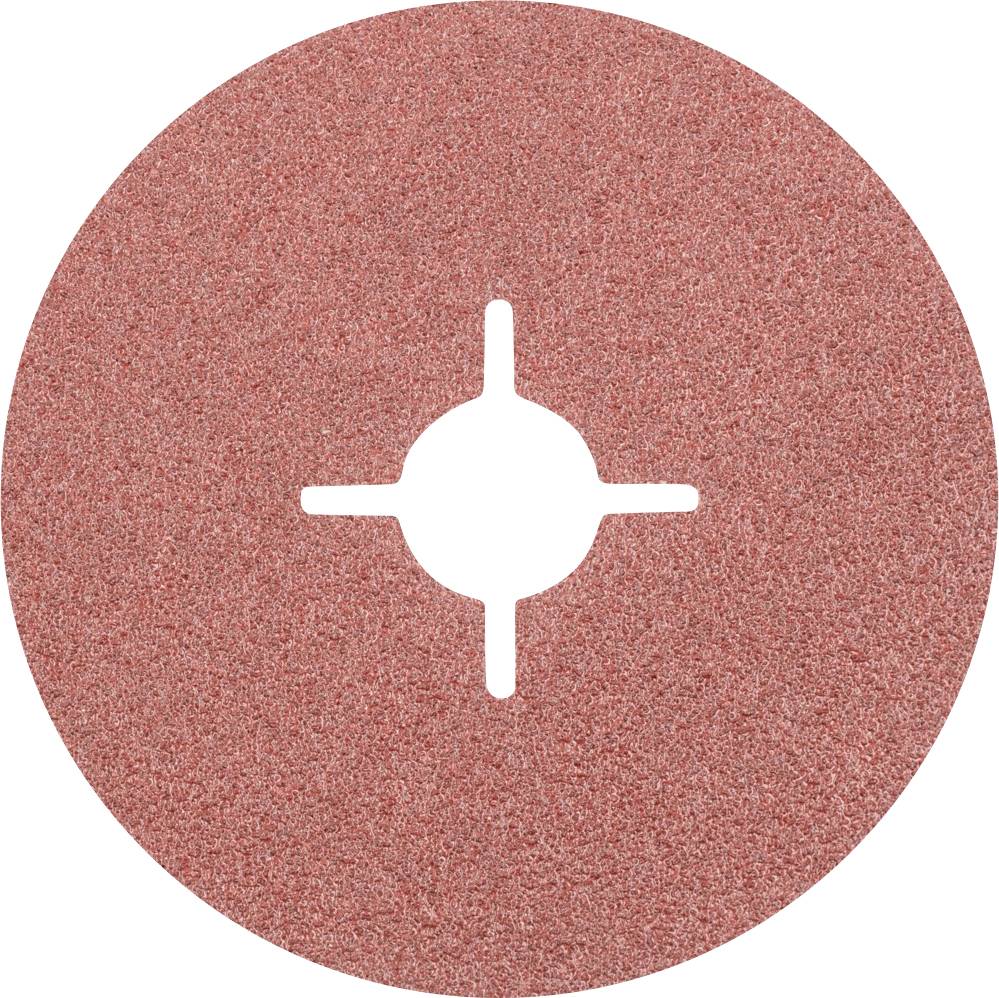 Rotes Schleifpapierblatt mit rundem Loch in der Mitte, kreuzförmige Schlitze um das Loch herum für Befestigung auf Schleifmaschine.
