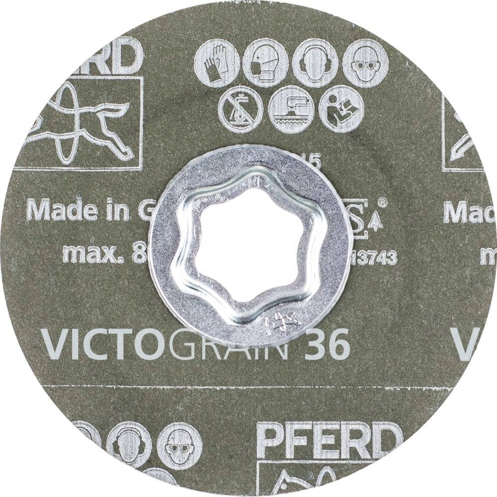 Schleifscheibe mit der Aufschrift 'VICTOGRAIN 36' und 'Made in Germany'. Symbole für Schutzmaßnahmen und Nutzungsrichtung sind abgebildet.