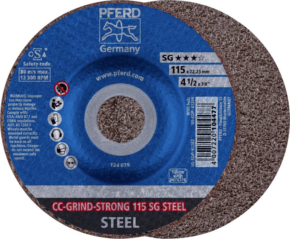 Schleifscheibe von PFERD Germany, Modell CC-GRIND-STRONG 115 SG STEEL. Enthält technische Details wie Maße, Geschwindigkeit und Warnhinweise.