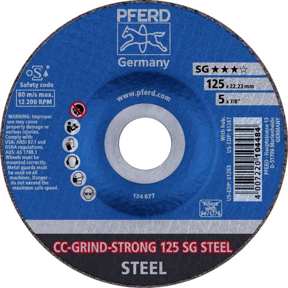 Schleifscheibe mit Sicherheits- und Warnhinweisen, Marke 'Pferd', Typ 'CC-Grind-Strong 125 SG', Nutzungsgeschwindigkeit 12.200 RPM.