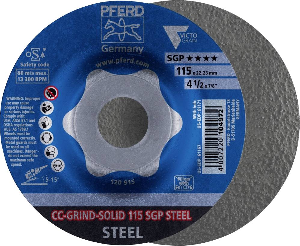 Schleifscheibe für Stahl, 115 mm Durchmesser, 22,23 mm Bohrung. Marke: Pferd, Modell: CC-Grind-Solid 115 SGP, Sicherheitshinweise abgedruckt.