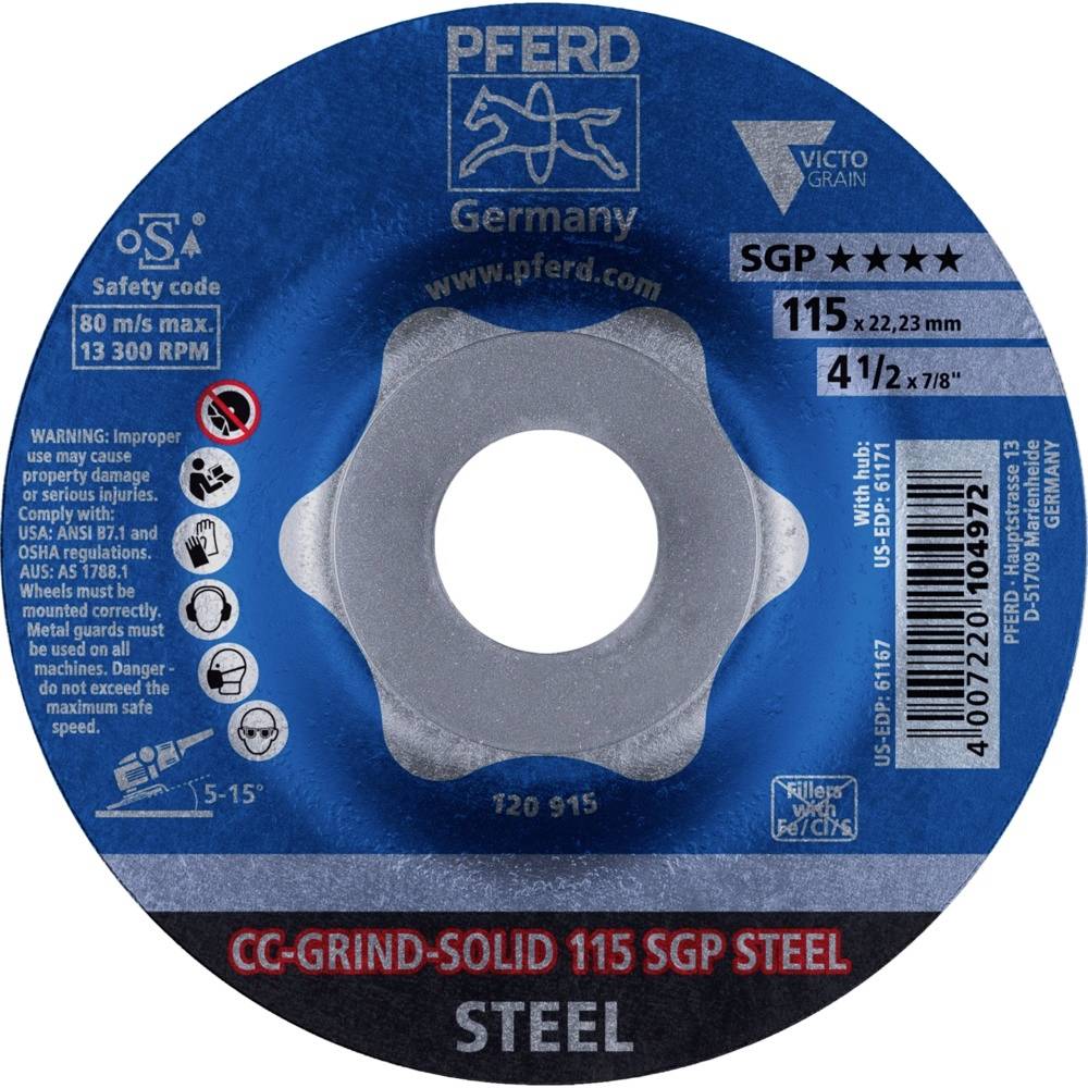 Schleifscheibe 'Pferd Germany CC-Grind Solid'. Geeignet für Stahl, Durchmesser 115 mm, Sicherheitsinformationen und technische Details auf Label.