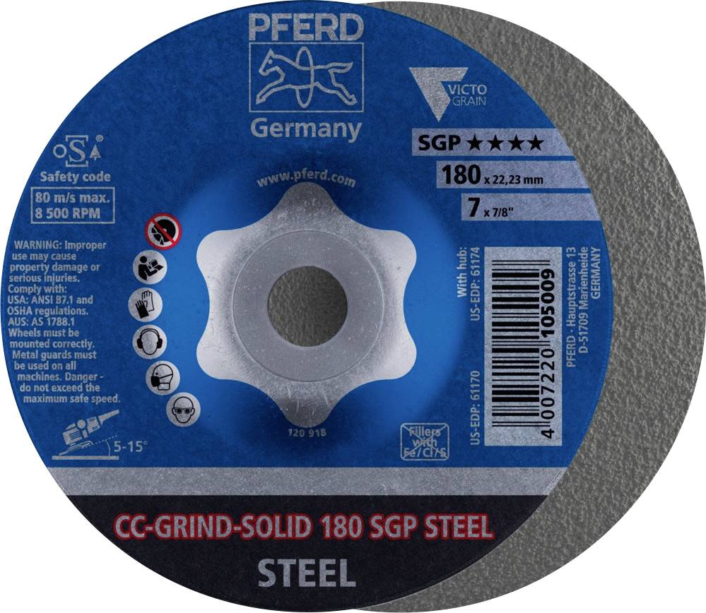 Schleifscheibe der Marke PFERD, Modell CC-GRIND-SOLID 180 SGP STEEL, geeignet für Stahl, maximal 8500 Umdrehungen pro Minute.