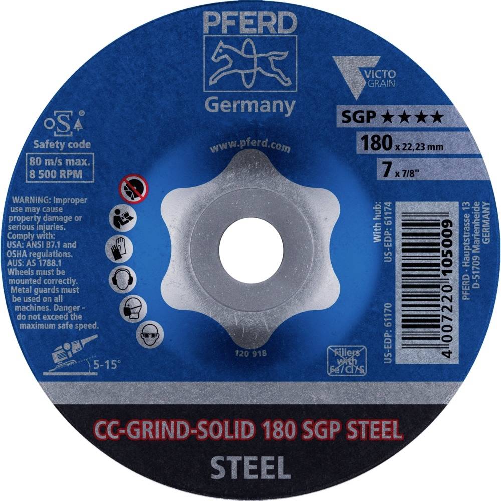 'CC-GRIND-SOLID 180 SGP' Schleifscheibe für Stahl von PFERD, blau mit Sicherheits-Hinweisen und technischen Details, Durchmesser 180 mm.