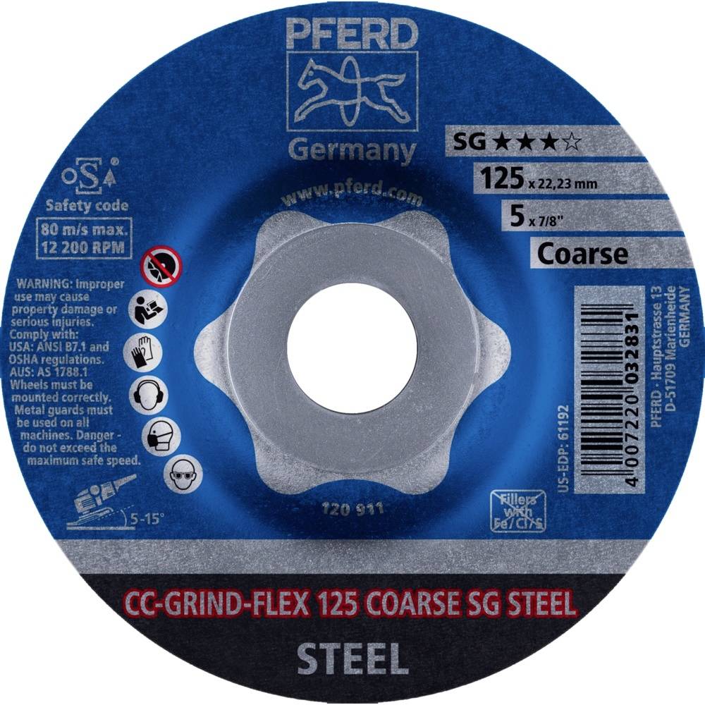 'PFERD Germany' Schleifscheibe, SG 125 mm, Korn grob, für Stahl. Anwendungswarnungen und Sicherheitscodes sichtbar.