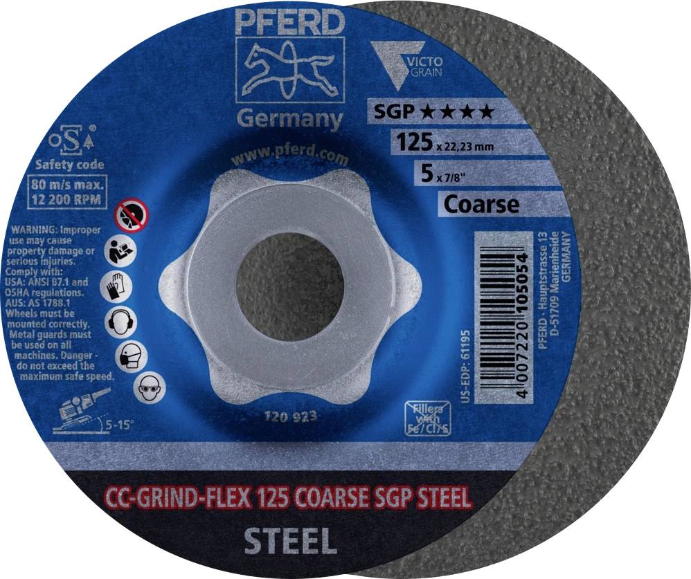 Schleifscheibe für Metall, Coarse SGP Steel, Durchmesser 125 mm, max. 80 m/s, Warnhinweise zur sicheren Anwendung auf Englisch.