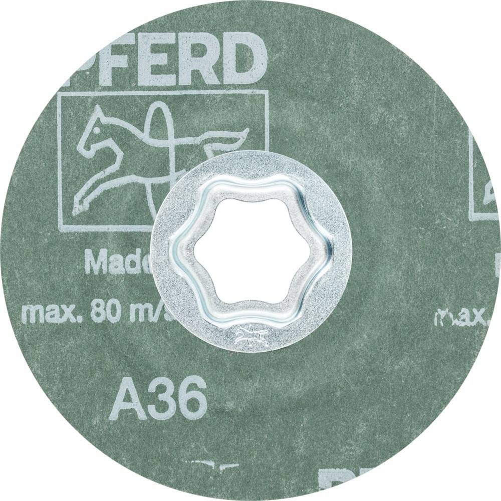 Trennscheibe mit Markierung A36, maximale Geschwindigkeit 80 m/s, Hersteller-Logo mit Pferd.