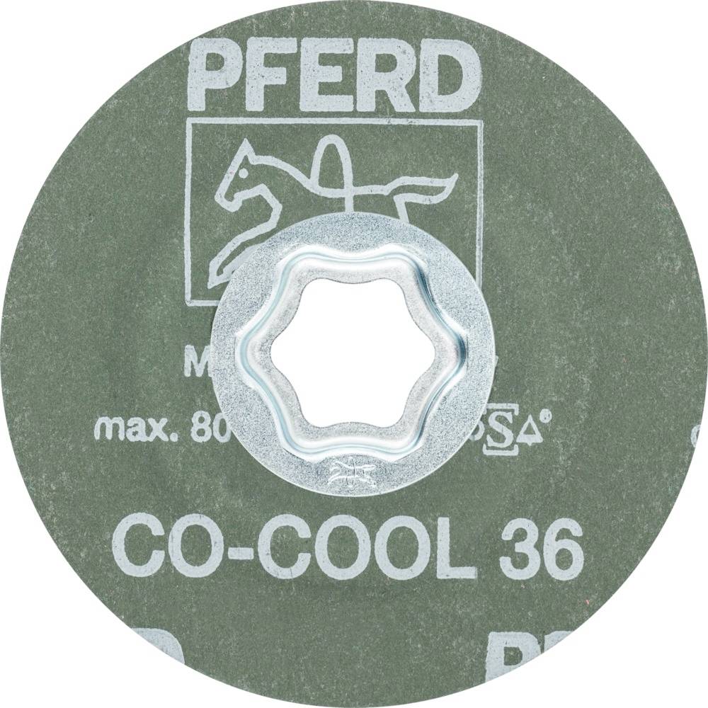 Schleifscheibe mit der Aufschrift 'PFERD CO-COOL 36', zeigt eine Lochverstärkung in der Mitte und eignet sich für die Metallbearbeitung.