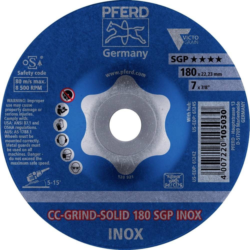 Blauer Schleifscheibe mit Aufschrift 'CC-GRIND-SOLID 180 SGP INOX', enthält Sicherheitsanweisungen und technische Spezifikationen.