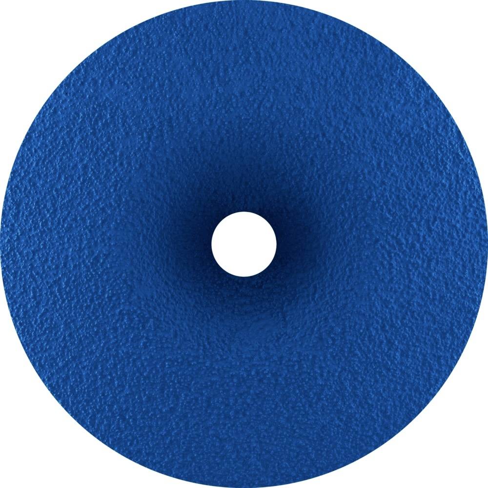 Ein blauer, texturierter Donut mit Loch in der Mitte.