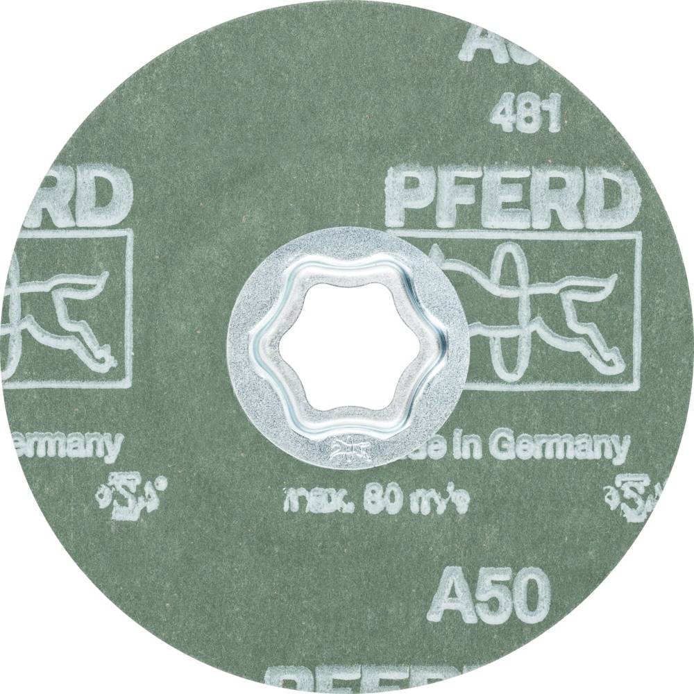 Schleifscheibe mit Innenloch, grüne Oberfläche, Aufschrift 'PFERD', 'Made in Germany', 'A50', in weißem Schriftzug.
