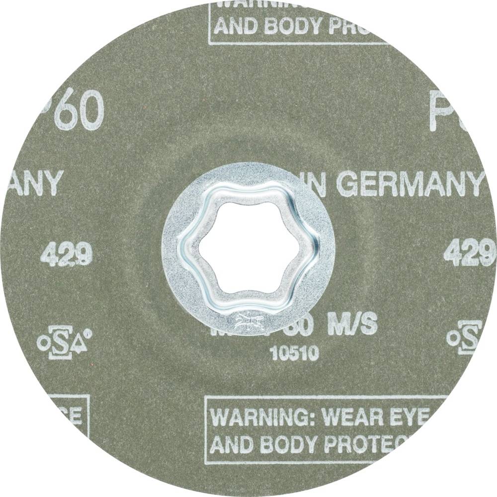 Ein grauer Trennscheibe mit zentraler Öffnung zeigt Warnhinweise: 'WARNING: WEAR EYE AND BODY PROTECTION'.