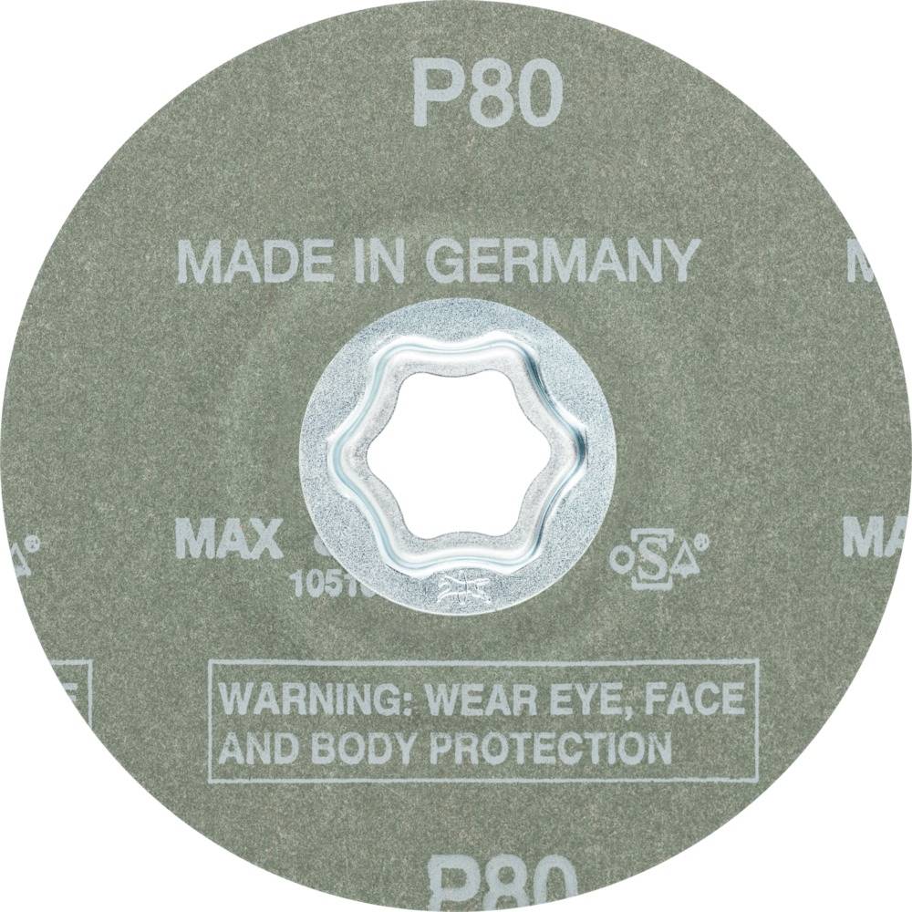 Schleifscheibe, Beschriftung 'P80', 'Made in Germany', Sicherheitswarnung 'Wear eye, face and body protection'.
