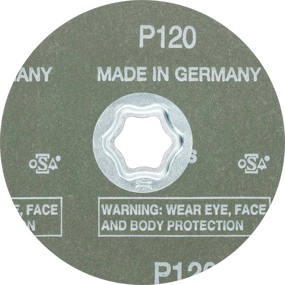 Schleifscheibe mit Aufschrift 'P120', 'MADE IN GERMANY', 'WARNING: WEAR EYE, FACE AND BODY PROTECTION'.