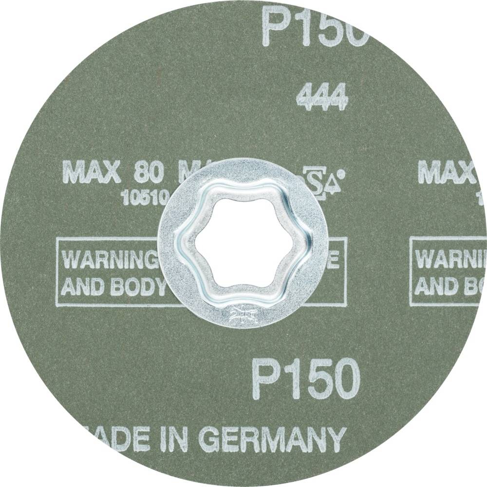 Schleifscheibe P150, maximal 80 m/s, hergestellt in Deutschland.