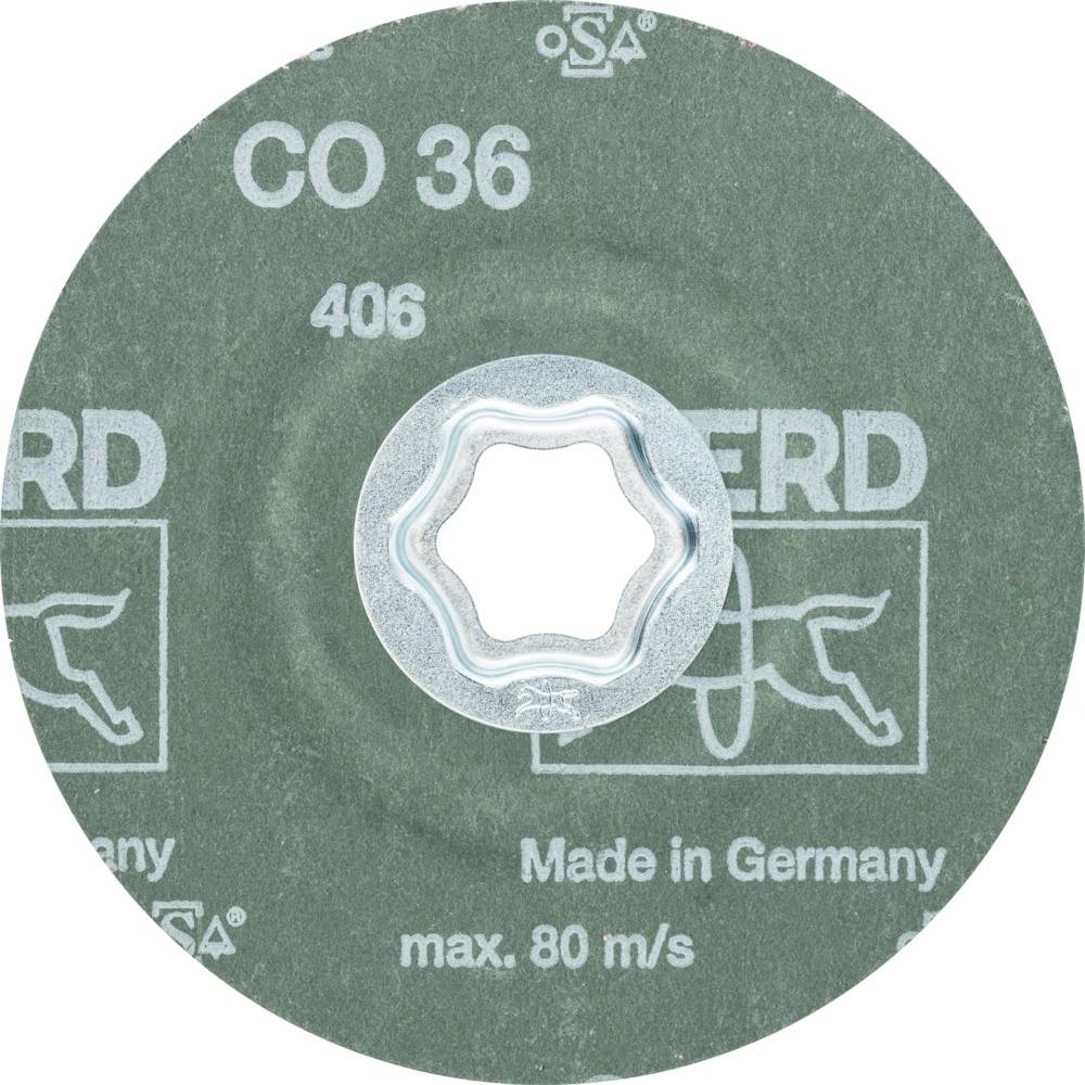 Schleifscheibe, grün mit Aufschrift 'CO 36', 'Made in Germany' und 'max. 80 m/s'. Enthält ein Montagesystem in der Mitte.