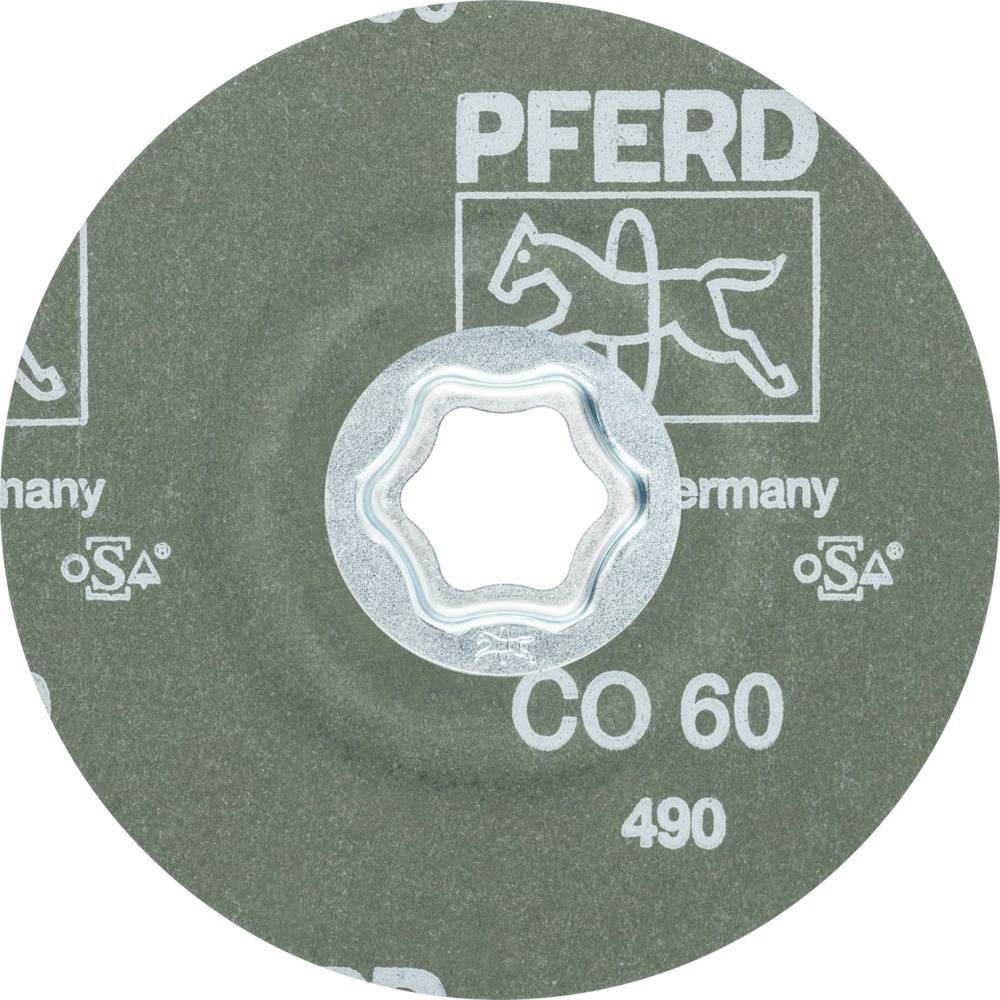 Runde Schleifscheibe der Marke PFERD, CO 60, mit grün-grauem Design und einem Pferdelogo. Geeignet zum Schleifen von Metalloberflächen.