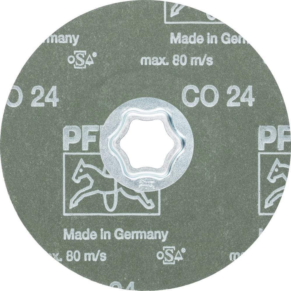 Schleifscheibe mit Schriftzügen 'PFERD', 'Made in Germany', 'CO 24', 'max. 80 m/s'. Grünliche Oberfläche mit runder Form.