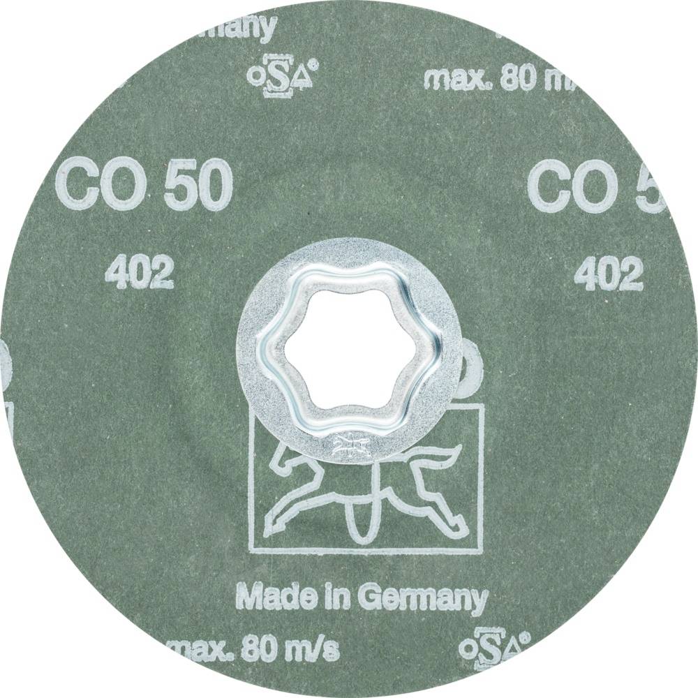 Schleifscheibe mit Aufschrift 'CO 50', 'Made in Germany', max. 80 m/s. Enthält Sicherheitszeichen und Markenlogo.