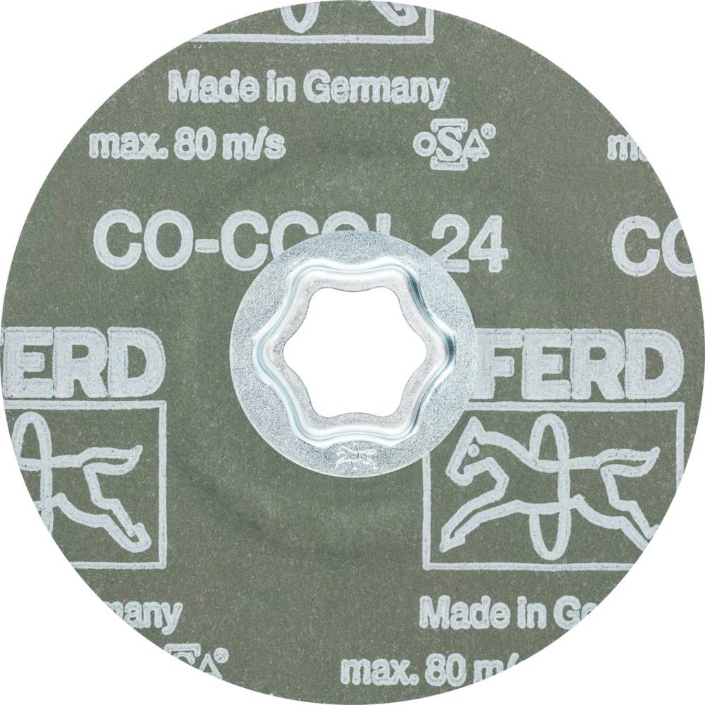 Schleifscheibe mit Beschriftung 'Made in Germany' und 'CO-COOL 24', maximale Geschwindigkeit 80 m/s, zentral befestigt.