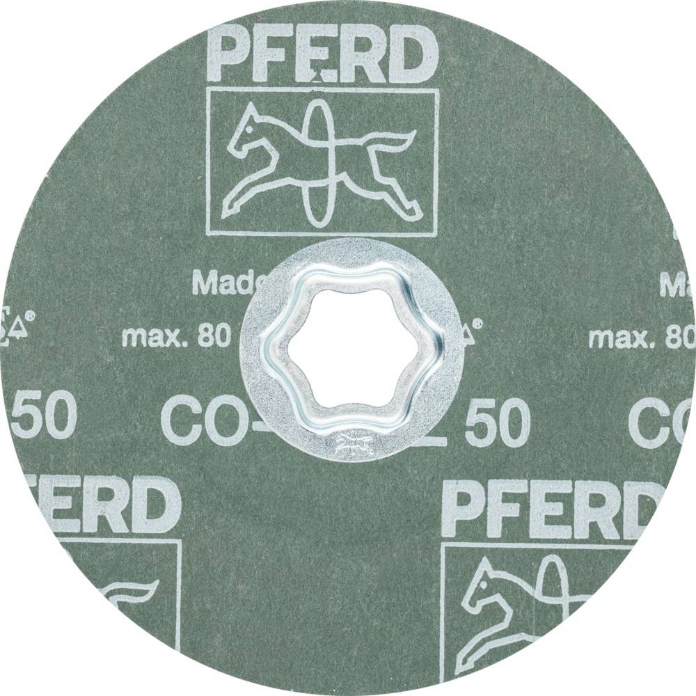 Grüner PFERD-Schleifteller mit Pferdelogo und 'CO-50'-Aufschrift. Maximale Drehzahl: 80 m/s.