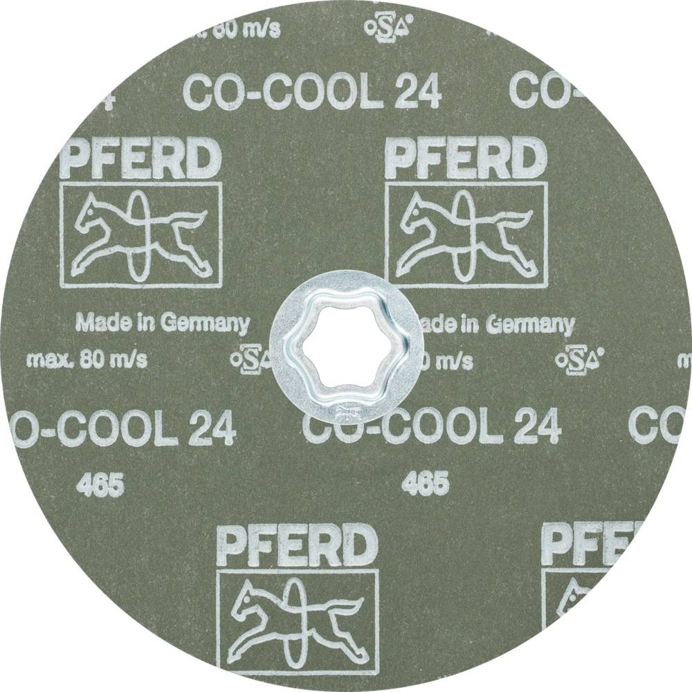 Schleifscheibe mit Aufschrift 'CO-COOL 24', Marke 'Pferd'. Hergestellt in Deutschland, max. Geschwindigkeit 80 m/s.
