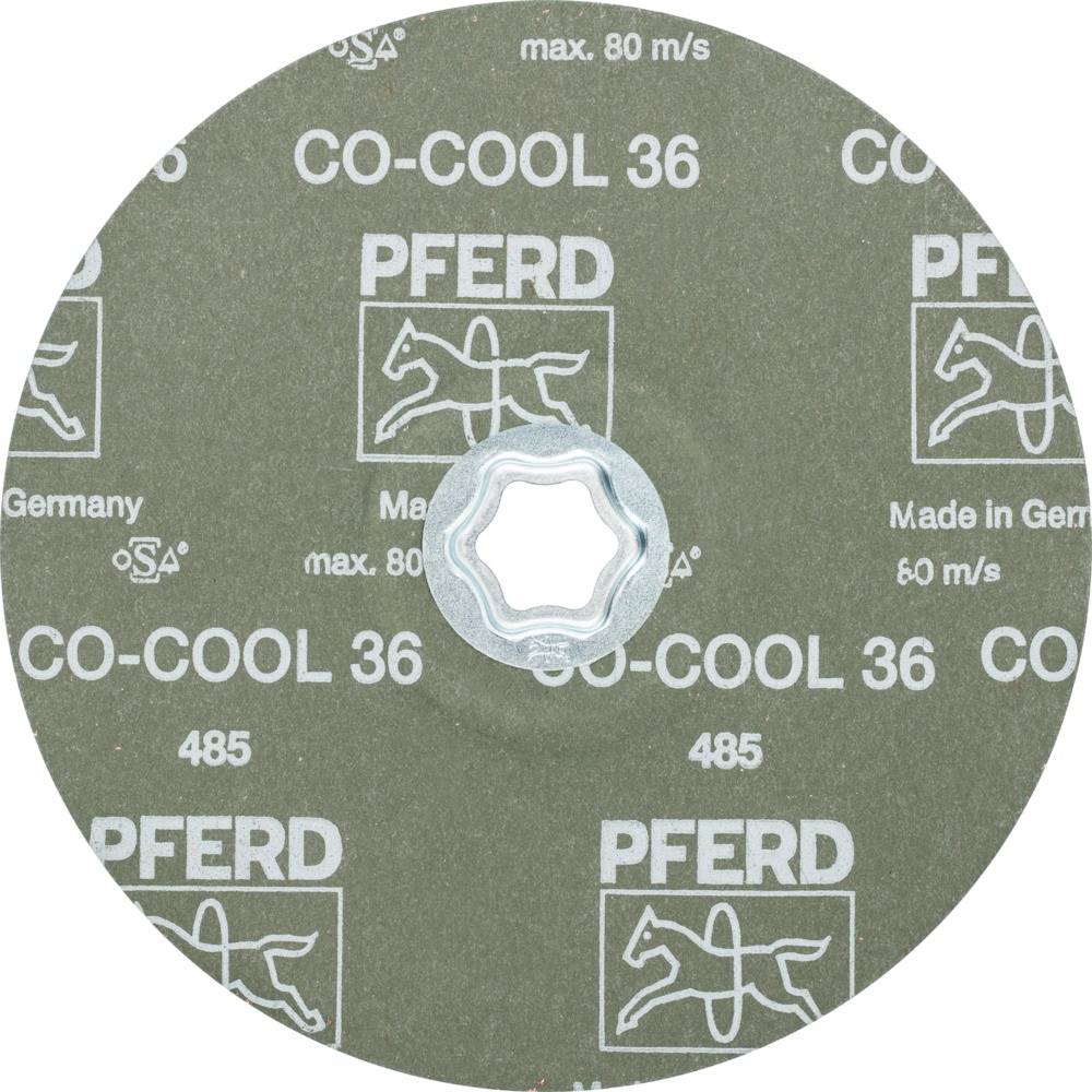 Rundes Schleifscheibenblatt mit Aufschrift 'PFERD CO-COOL 36', maximale Geschwindigkeit 80 m/s, Made in Germany.