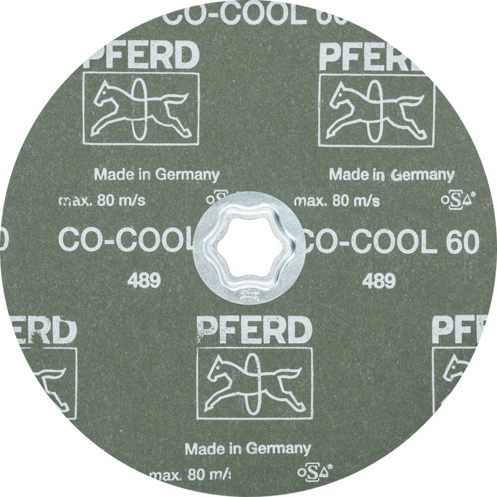 Schleifscheibe mit Aufdruck 'PFERD', Modell 'CO-COOL 60', 'Made in Germany', max. 80 m/s, in der Mitte ein sechseckiges Loch.
