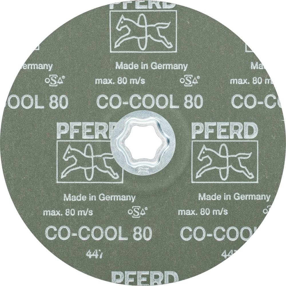 'PFERD CO-COOL 80' Trennscheibe mit Nabe, grüne Oberfläche mit Text und Logos. Made in Germany, max. 80 m/s.
